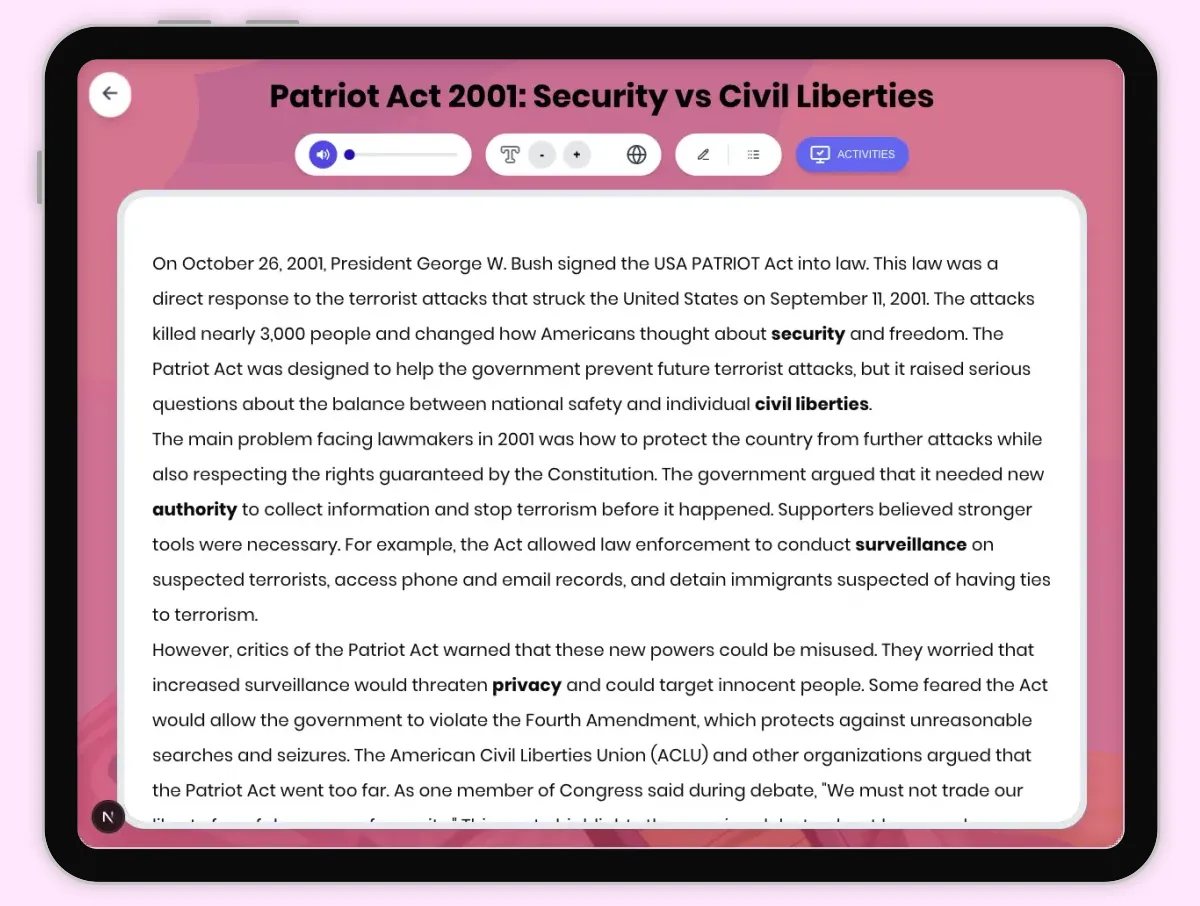 Interactive — Reading Comprehension preview: Patriot Act 2001: Security vs Civil Liberties covering D2.HIS.2.3-5, D2.HIS.3.3-5, RI.4.3, RI.4.4, W.4.2 standards - Page 1 of 1