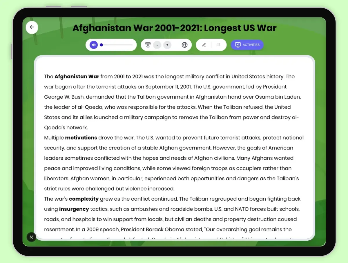 Interactive — Reading Comprehension preview: Afghanistan War 2001-2021: Longest US War covering D2.HIS.2.3-5, D2.HIS.3.3-5, RI.4.3, RI.4.4, W.4.2 standards - Page 1 of 1