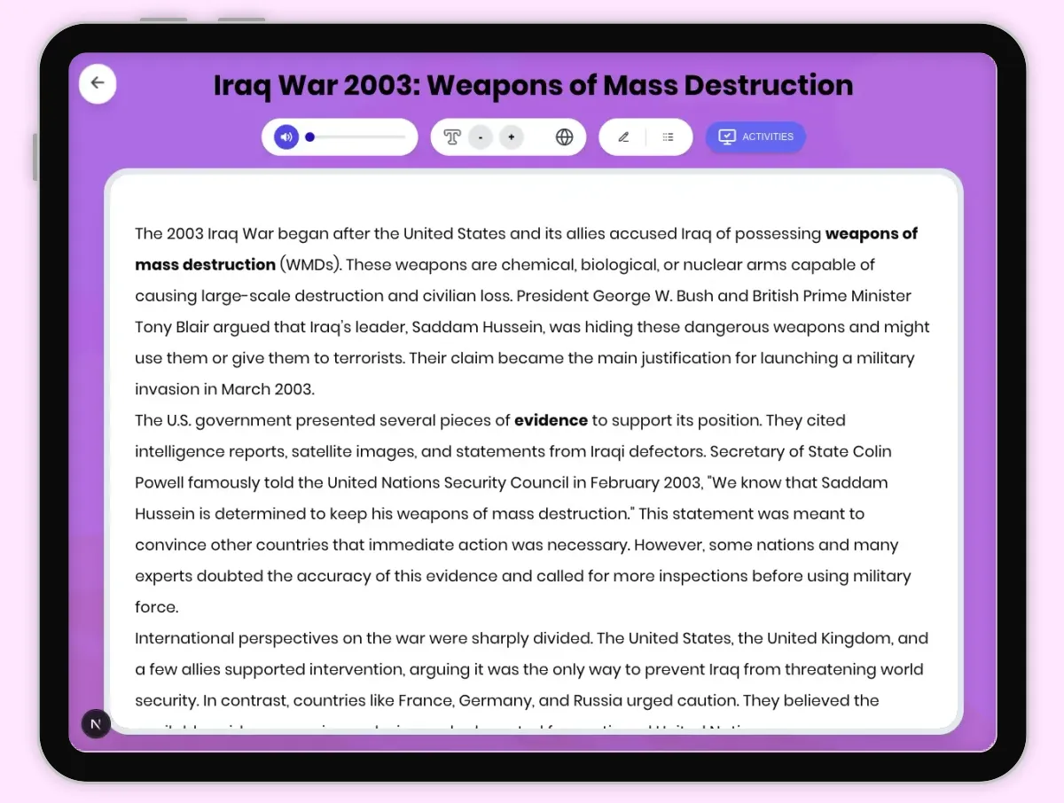 Interactive — Reading Comprehension preview: Iraq War 2003: Weapons of Mass Destruction covering D2.HIS.2.3-5, D2.HIS.3.3-5, RI.4.3, RI.4.4, W.4.2 standards - Page 1 of 1