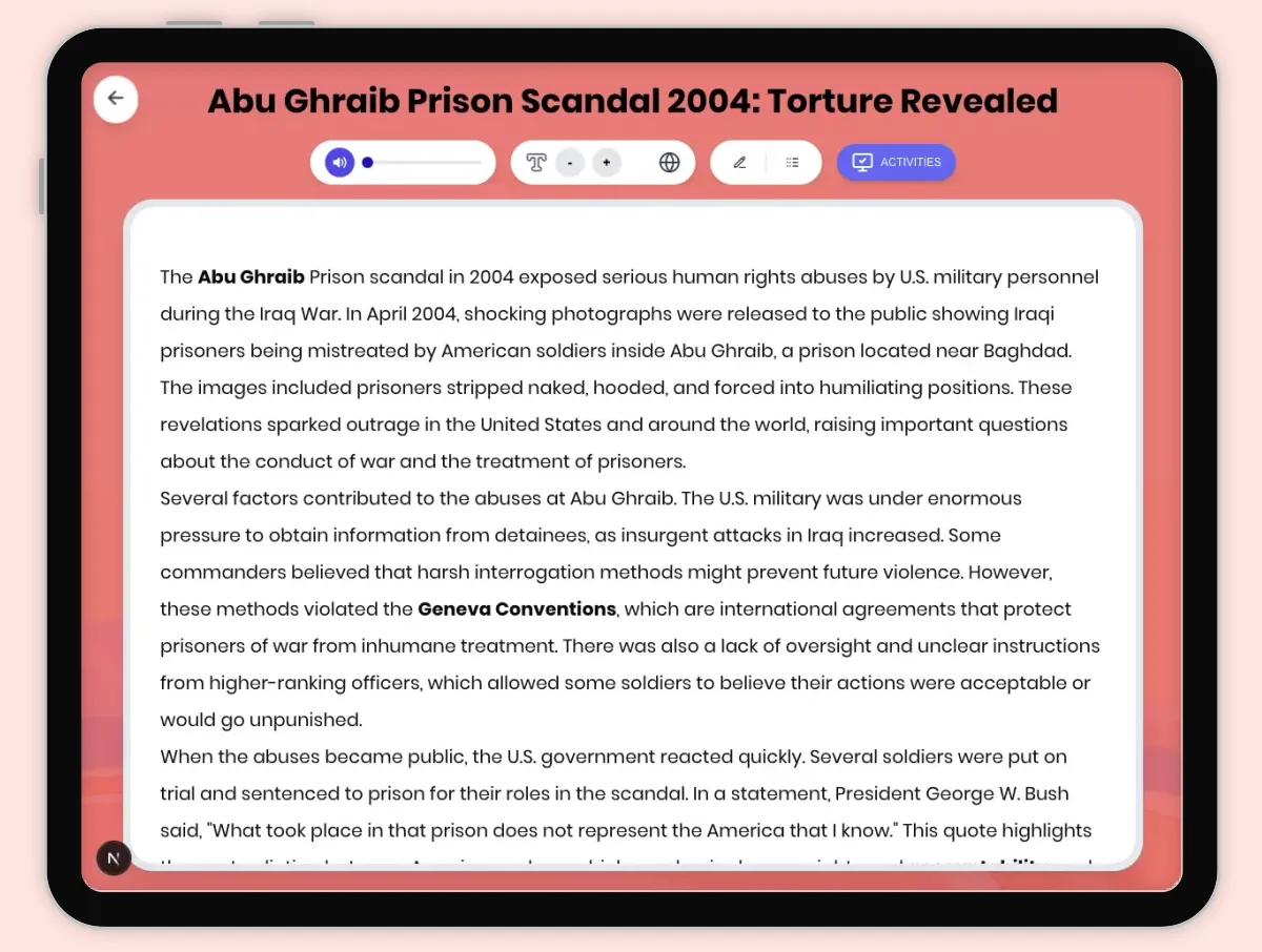 Interactive — Reading Comprehension preview: Abu Ghraib Prison Scandal 2004: Torture Revealed covering D2.HIS.2.3-5, D2.HIS.3.3-5, RI.4.3, RI.4.4, W.4.2 standards - Page 1 of 1