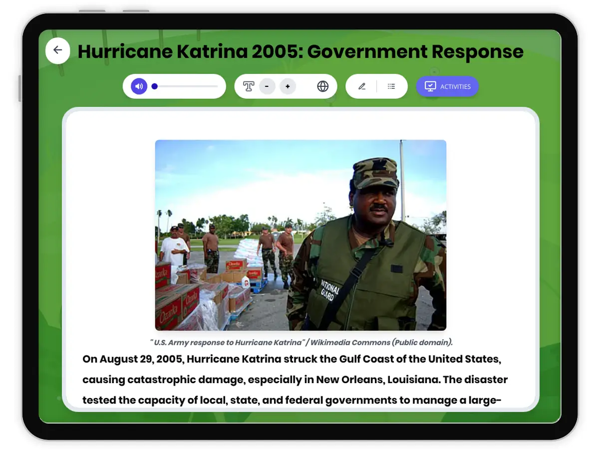 Interactive — Reading Comprehension preview: Hurricane Katrina 2005: Government Response covering D2.HIS.2.6-8, D2.HIS.3.6-8, RI.6.3, RI.6.4, W.6.2 standards - Page 1 of 1