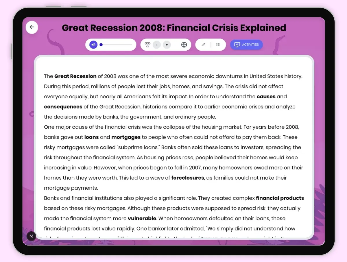 Interactive — Reading Comprehension preview: Great Recession 2008: Financial Crisis Explained covering D2.HIS.2.3-5, D2.HIS.3.3-5, RI.4.3, RI.4.4, W.4.2 standards - Page 1 of 1