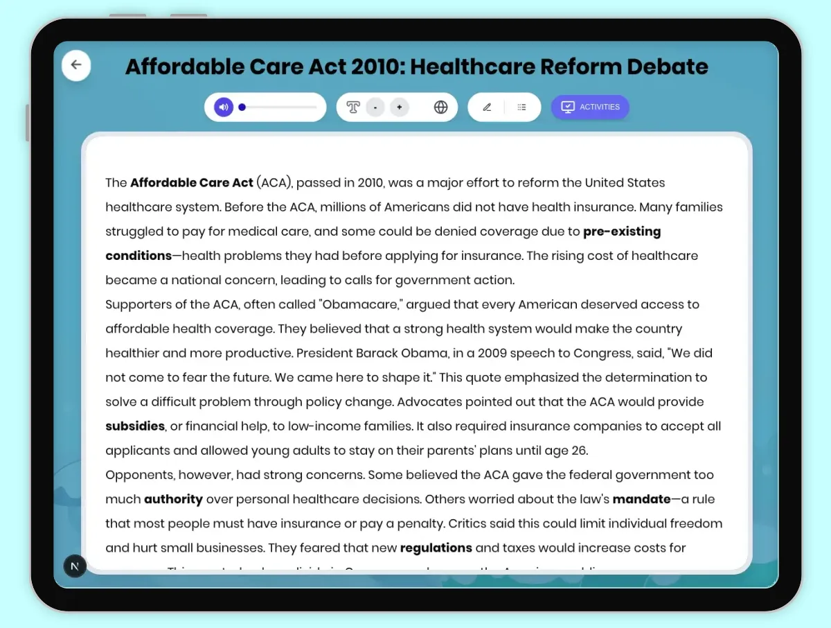 Interactive — Reading Comprehension preview: Affordable Care Act 2010: Healthcare Reform Debate covering D2.HIS.2.3-5, D2.HIS.3.3-5, RI.4.3, RI.4.4, W.4.2 standards - Page 1 of 1