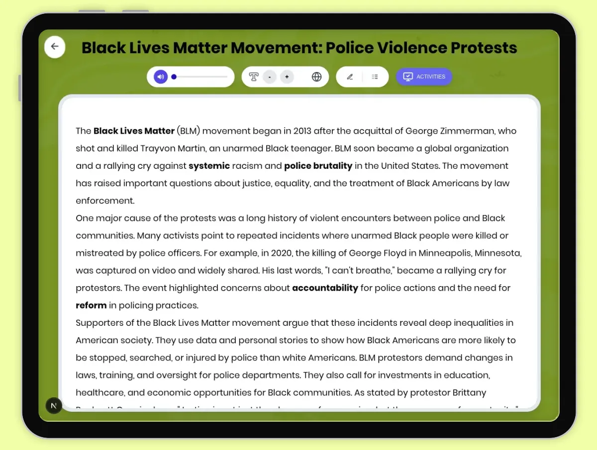 Interactive — Reading Comprehension preview: Black Lives Matter Movement: Police Violence Protests covering D2.HIS.2.3-5, D2.HIS.3.3-5, RI.4.3, RI.4.4, W.4.2 standards - Page 1 of 1