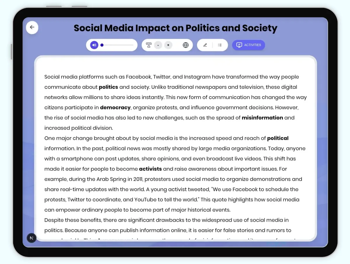 Interactive — Reading Comprehension preview: Social Media Impact on Politics and Society covering D2.HIS.2.3-5, D2.HIS.3.3-5, RI.4.3, RI.4.4, W.4.2 standards - Page 1 of 1
