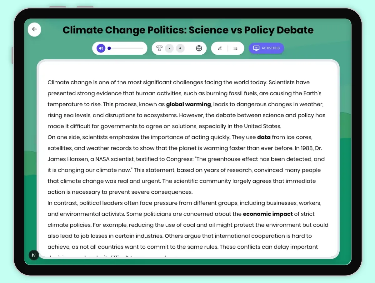 Interactive — Reading Comprehension preview: Climate Change Politics: Science vs Policy Debate covering D2.HIS.2.3-5, D2.HIS.3.3-5, RI.4.3, RI.4.4, W.4.2 standards - Page 1 of 1