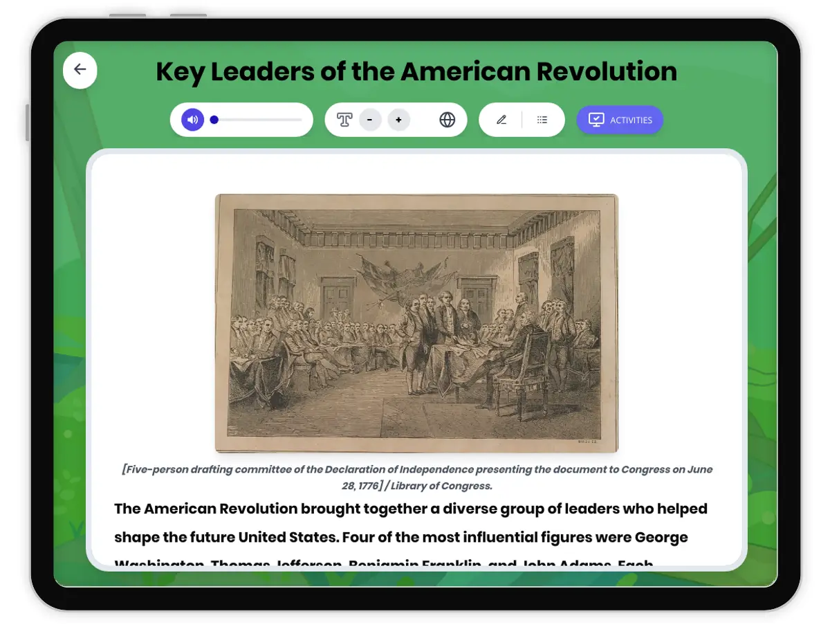 Interactive — Reading Comprehension preview: Key Leaders of the American Revolution covering  standards - Page 1 of 1