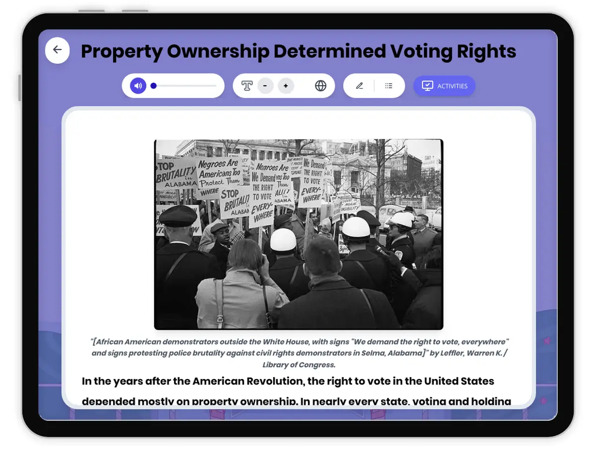 Interactive — Reading Comprehension preview: Property Ownership Determined Voting Rights covering  standards - Page 1 of 1