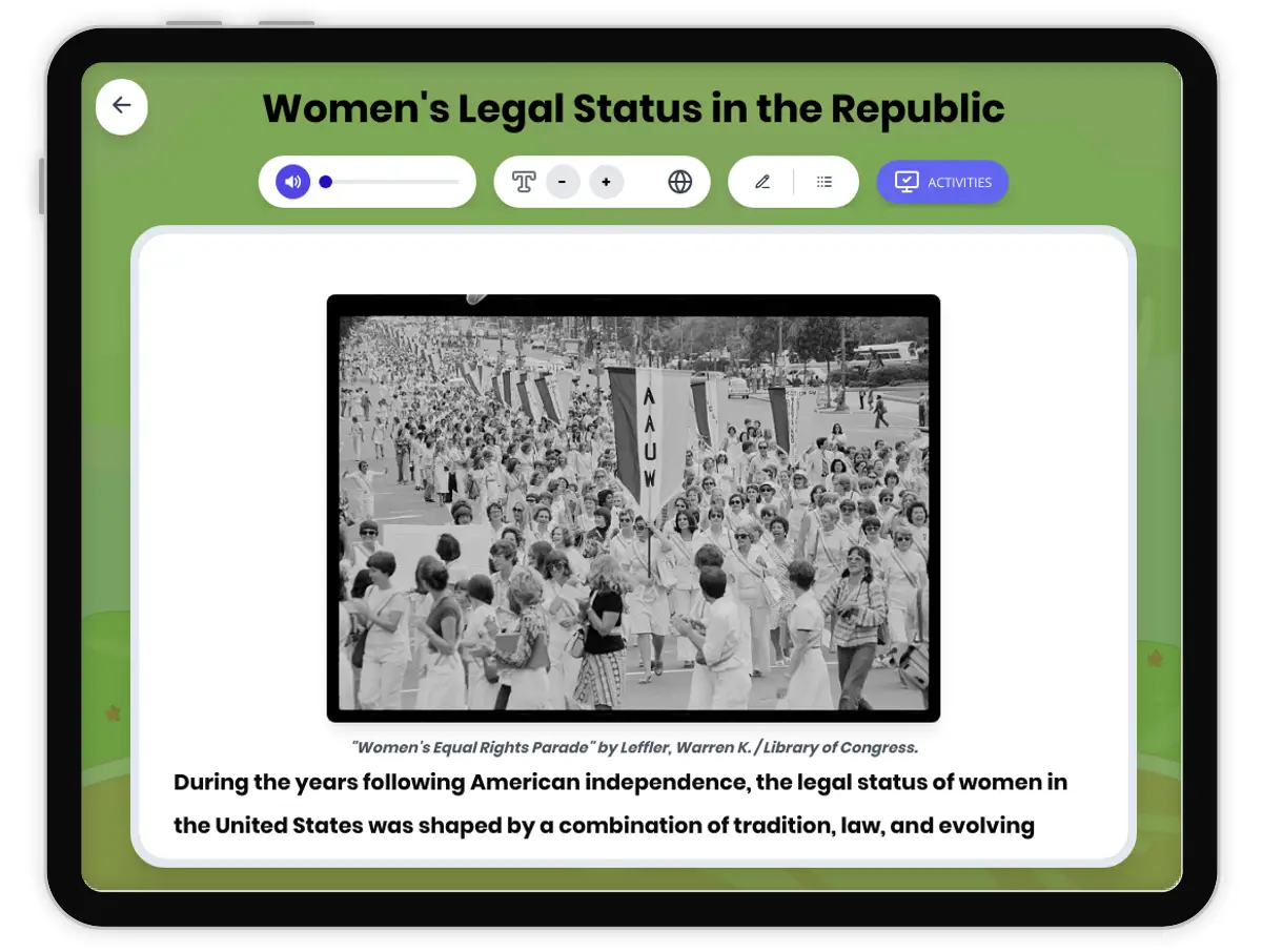 Interactive — Reading Comprehension preview: Women's Status 1790s covering  standards - Page 1 of 1