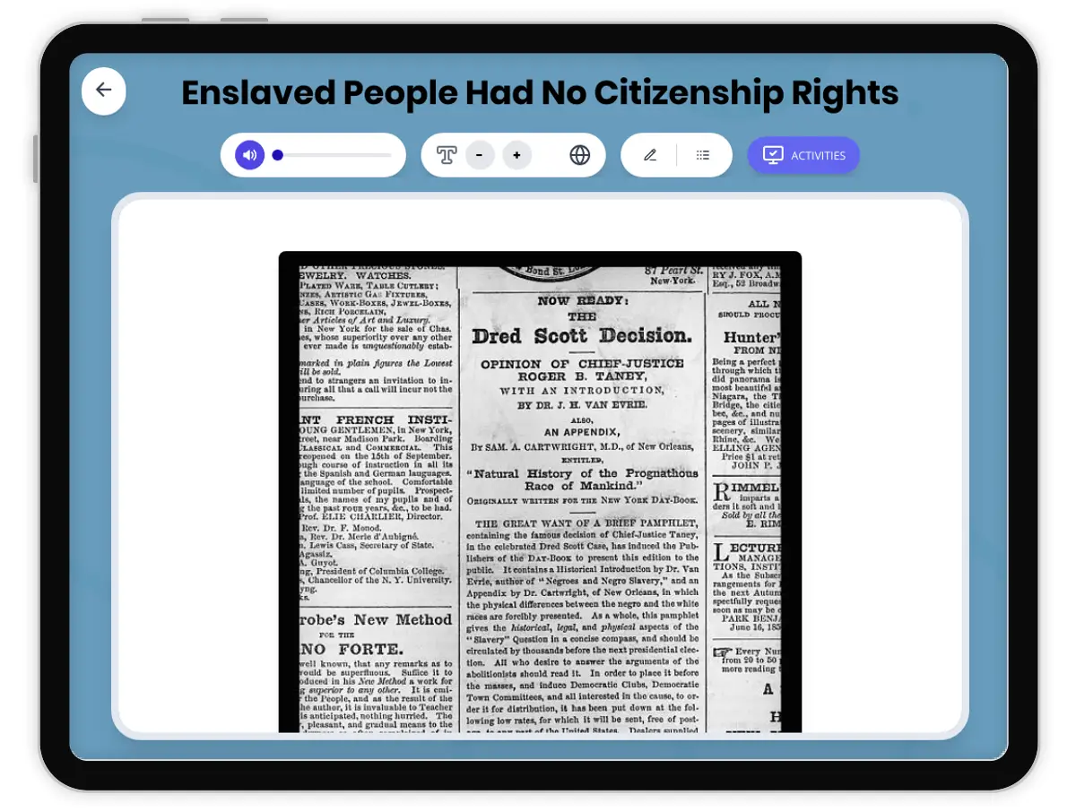 Interactive — Reading Comprehension preview: Enslaved People Had No Citizenship Rights covering  standards - Page 1 of 1