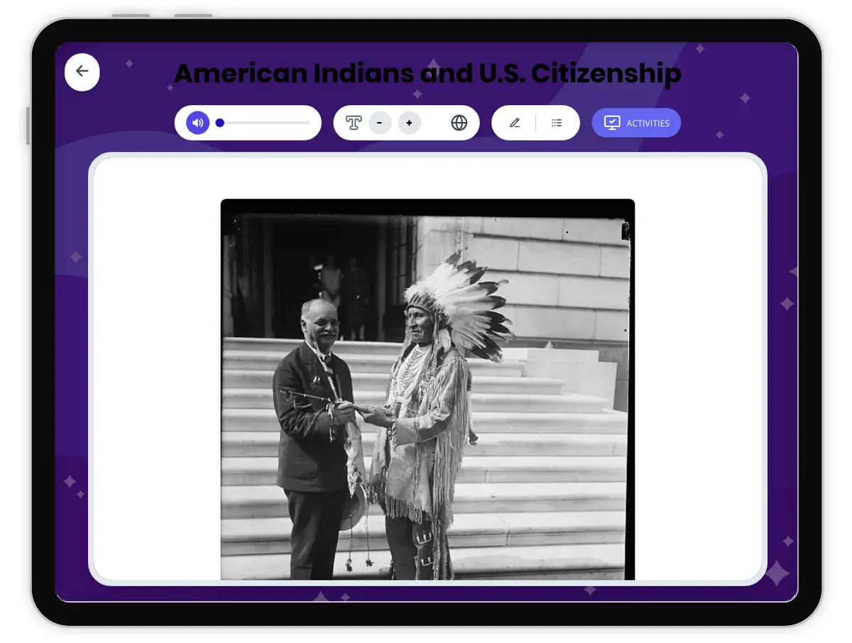 Interactive — Reading Comprehension preview: American Indians and U.S. Citizenship covering  standards - Page 1 of 1