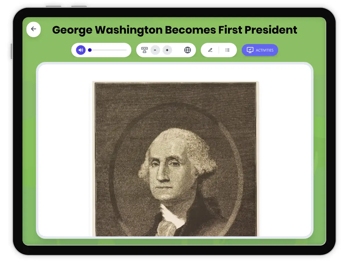 Interactive — Reading Comprehension preview: George Washington Becomes First President covering  standards - Page 1 of 1