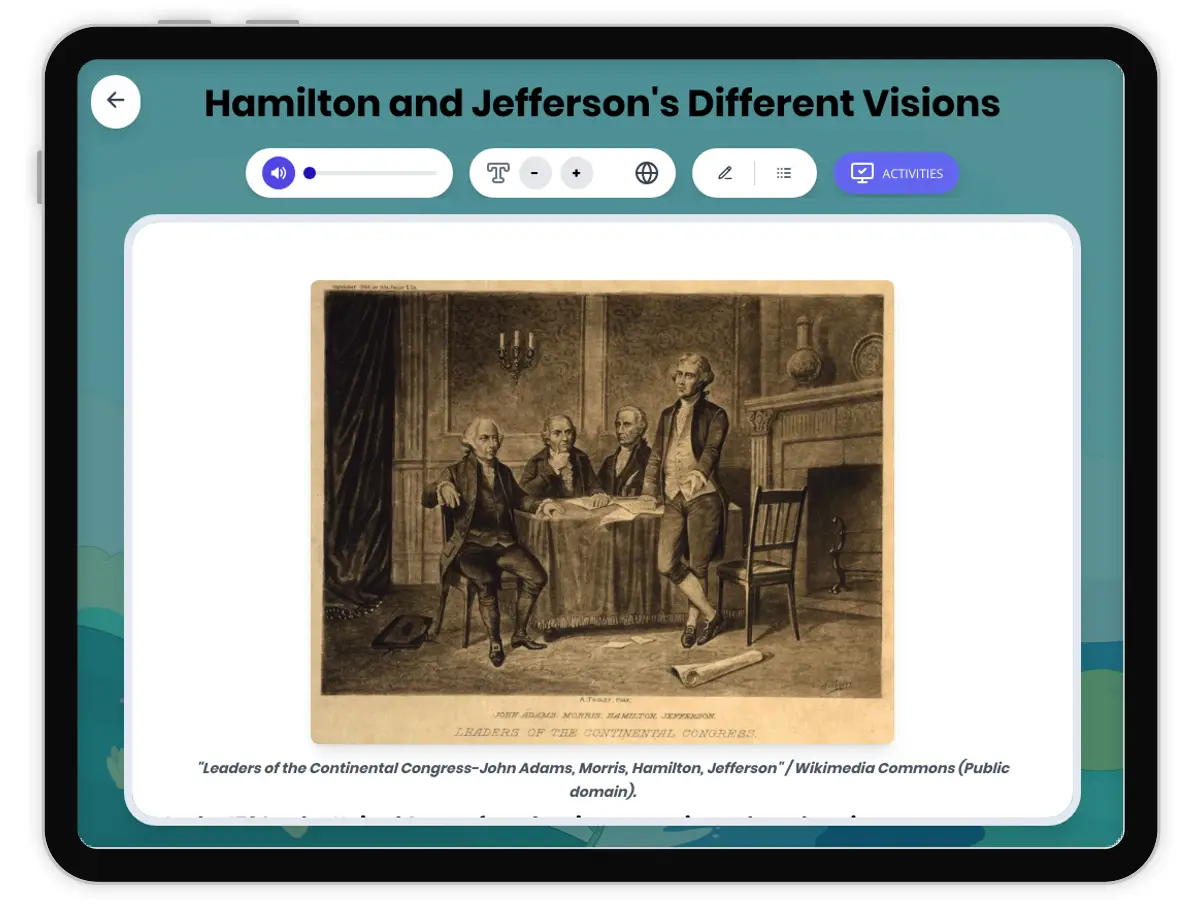 Interactive — Reading Comprehension preview: Hamilton and Jefferson's Different Visions covering  standards - Page 1 of 1