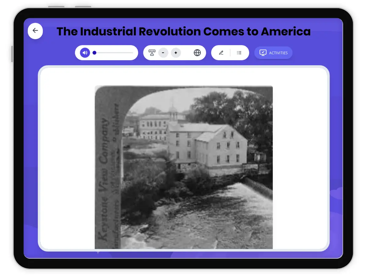 Interactive — Reading Comprehension preview: The Industrial Revolution Comes to America covering  standards - Page 1 of 1