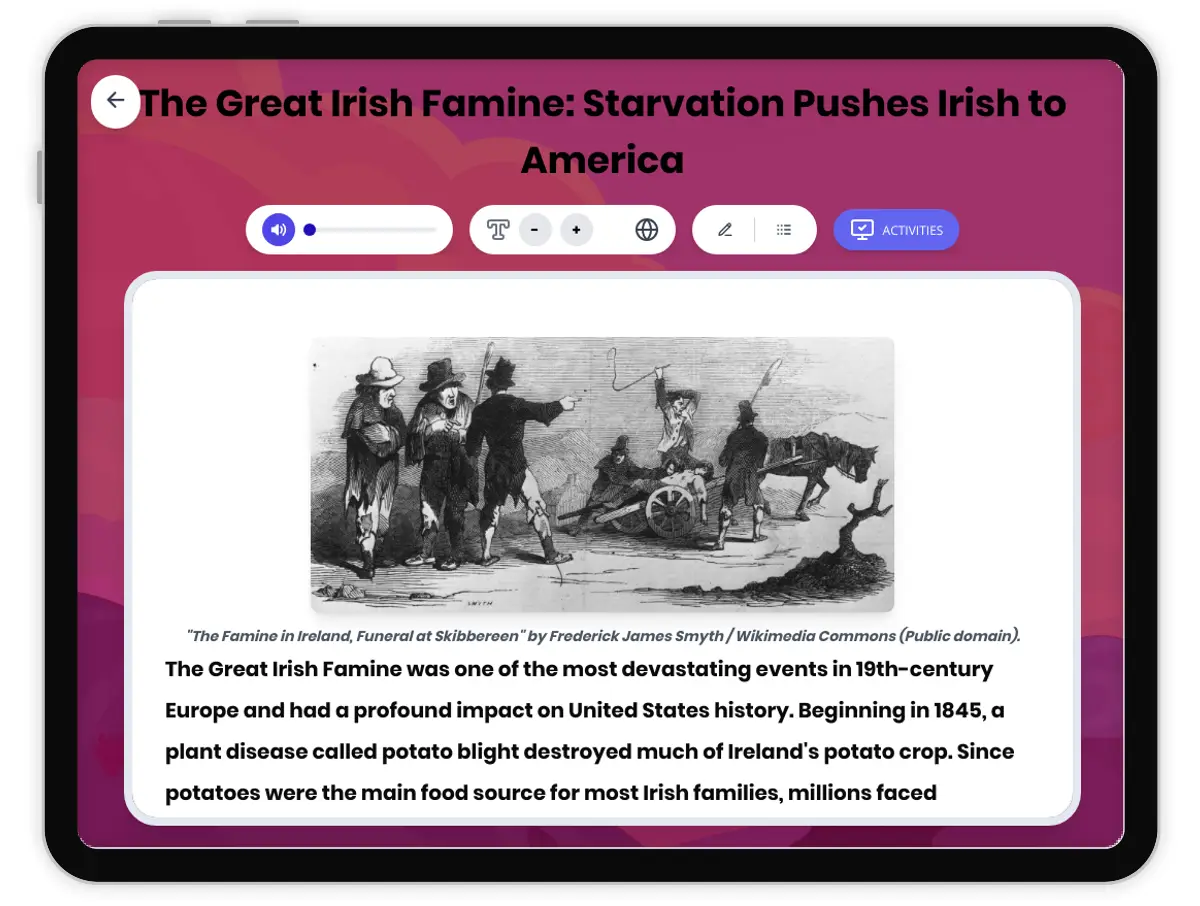 Interactive — Reading Comprehension preview: The Great Irish Famine covering  standards - Page 1 of 1