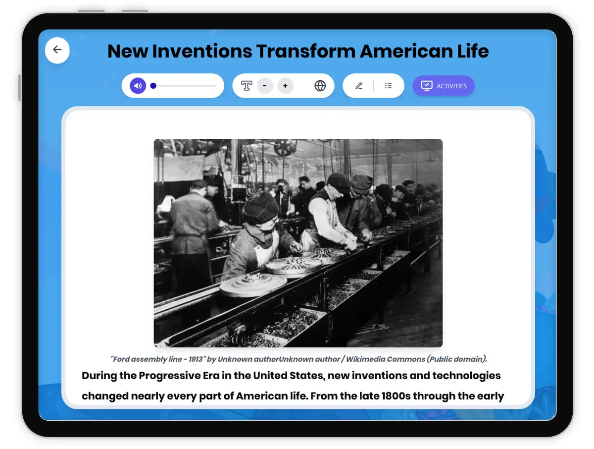 Interactive — Reading Comprehension preview: New Inventions Transform American Life covering  standards - Page 1 of 1