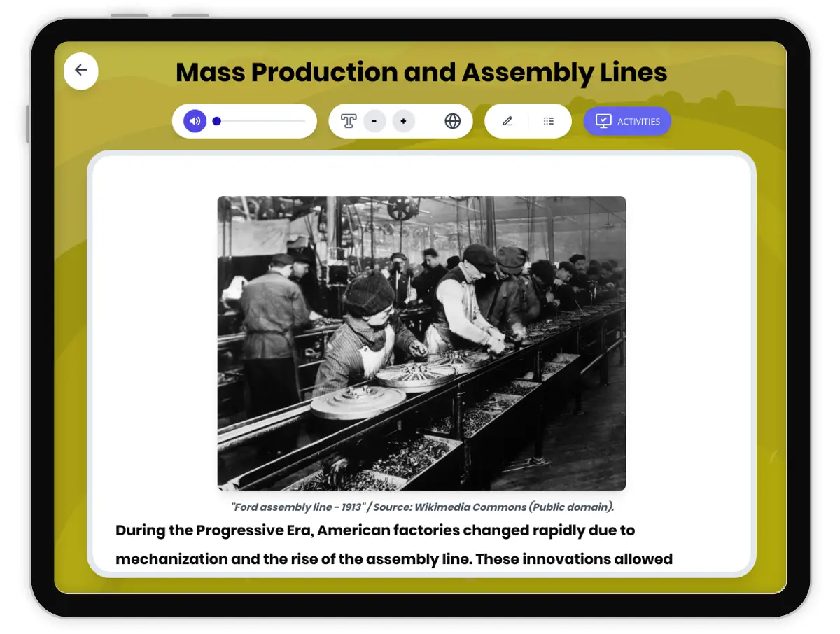 Interactive — Reading Comprehension preview: Mass Production and Assembly Lines covering  standards - Page 1 of 1