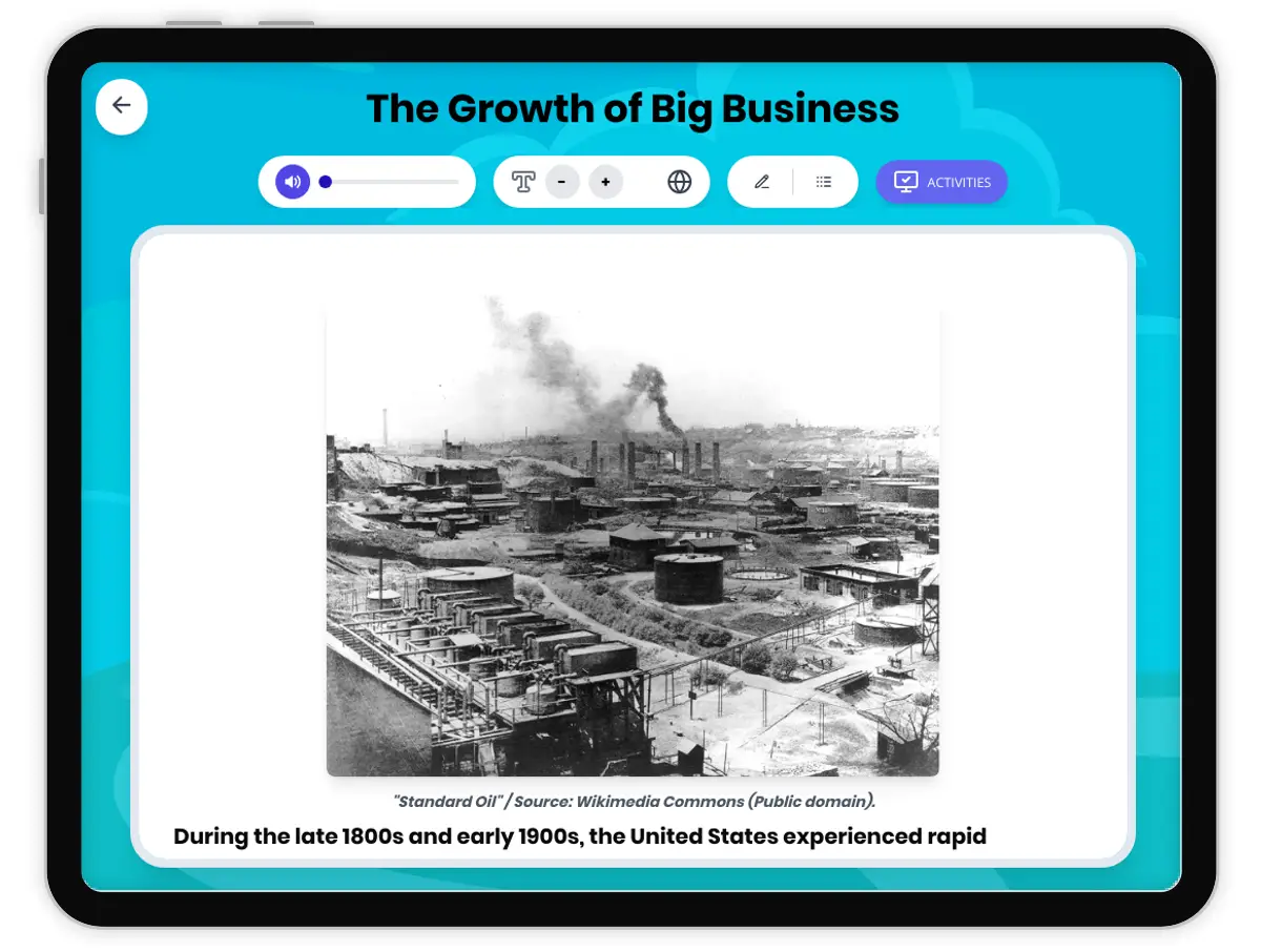 Interactive — Reading Comprehension preview: The Growth of Big Business covering  standards - Page 1 of 1