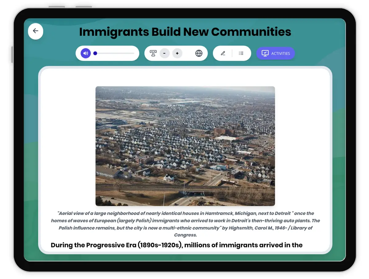 Interactive — Reading Comprehension preview: New Immigrant Communities covering  standards - Page 1 of 1