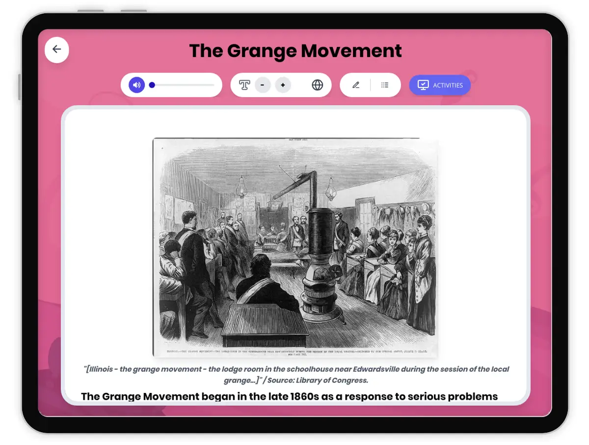 Interactive — Reading Comprehension preview: The Grange Movement covering  standards - Page 1 of 1