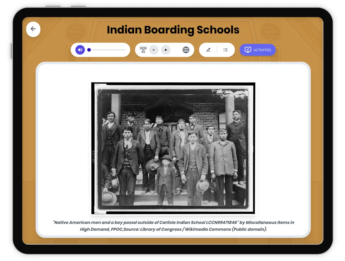 Interactive — Reading Comprehension preview: Indian Boarding Schools covering  standards - Page 1 of 1