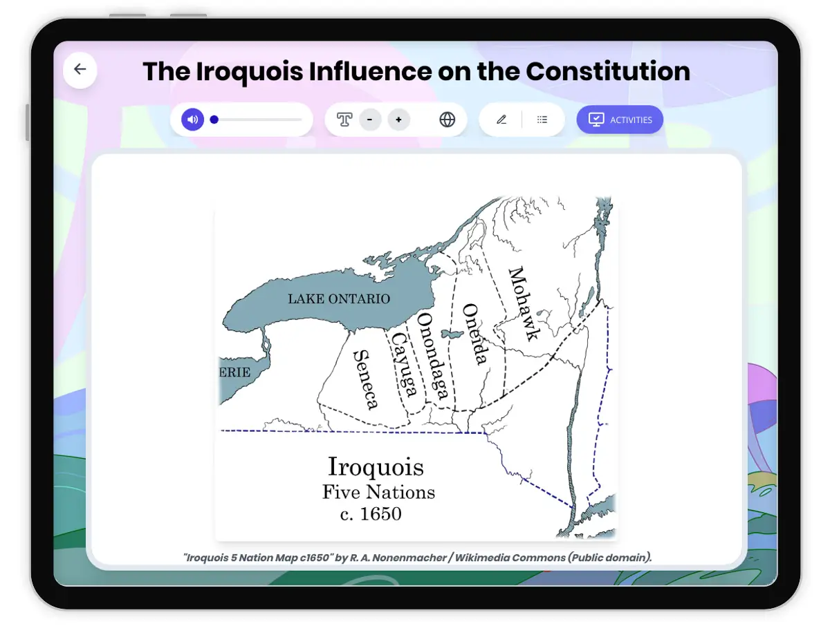 Interactive — Reading Comprehension preview: The Iroquois Influence on the Constitution covering  standards - Page 1 of 1