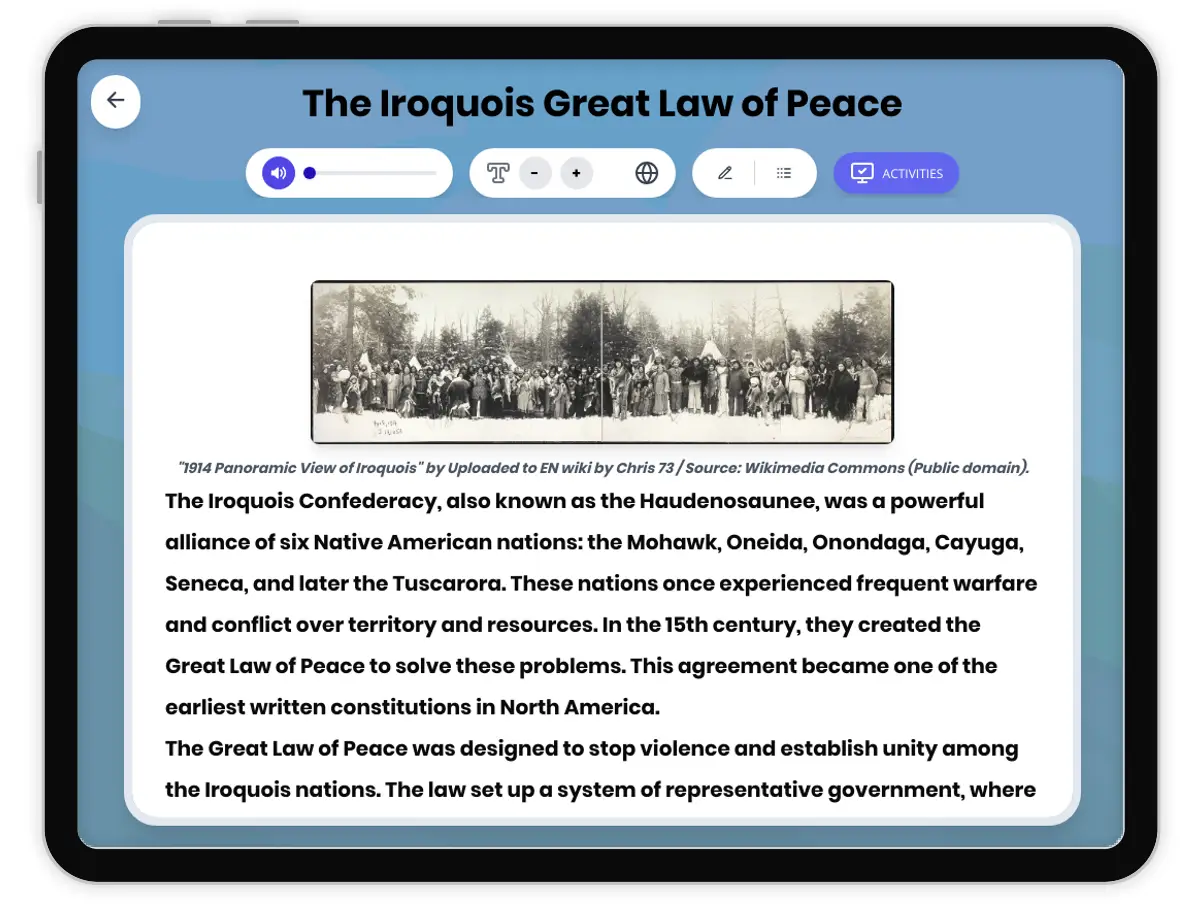 Interactive — Reading Comprehension preview: The Iroquois Great Law of Peace covering  standards - Page 1 of 1