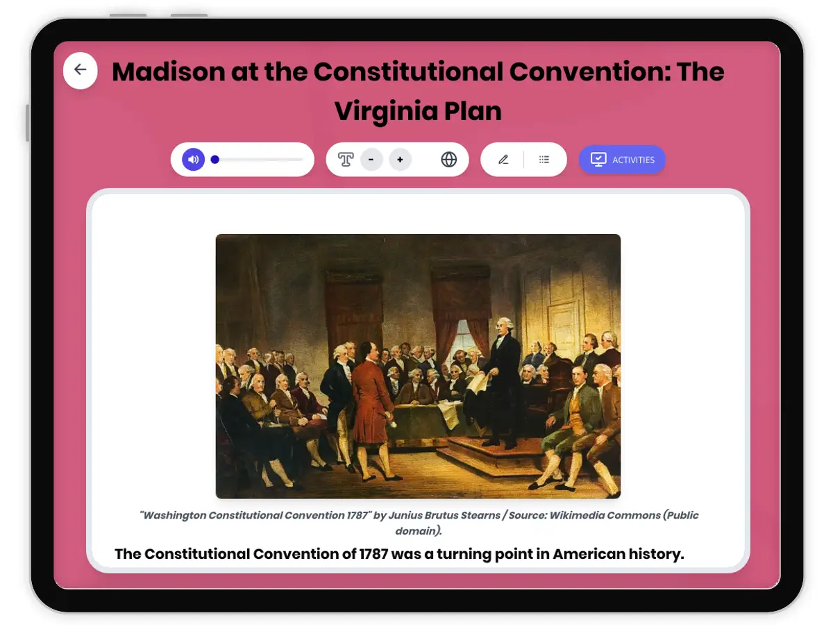 Interactive — Reading Comprehension preview: Madison at the Constitutional Convention: The Virginia Plan covering  standards - Page 1 of 1