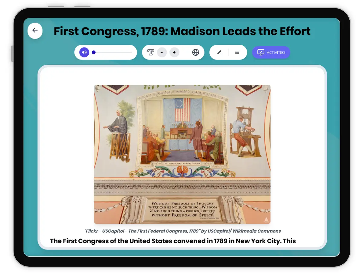 Interactive — Reading Comprehension preview: First Congress, 1789: Madison Leads the Effort covering  standards - Page 1 of 1