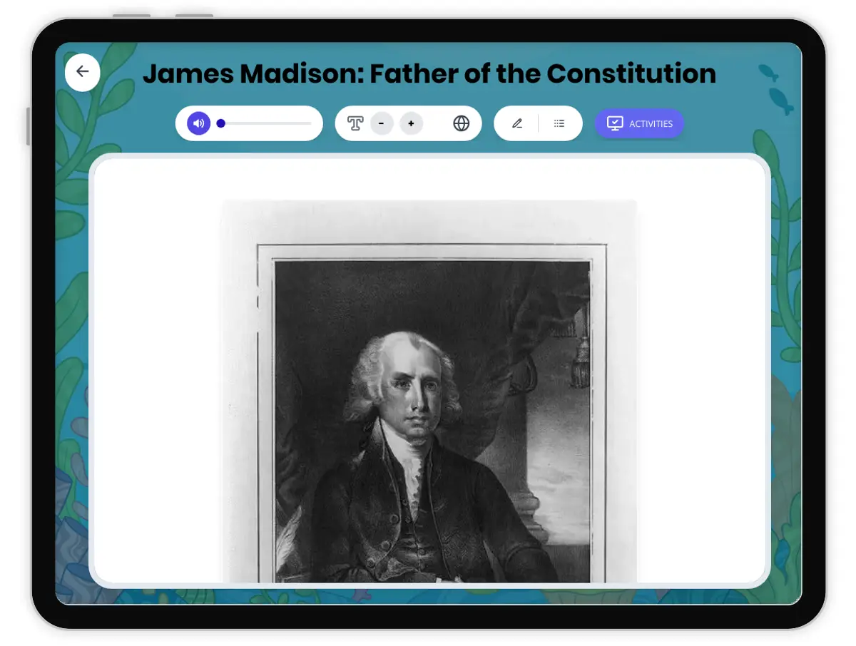 Interactive — Reading Comprehension preview: James Madison: Father of the Constitution covering  standards - Page 1 of 1