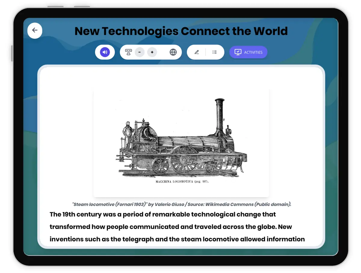 Interactive — Reading Comprehension preview: New Technologies Connect the World covering  standards - Page 1 of 1