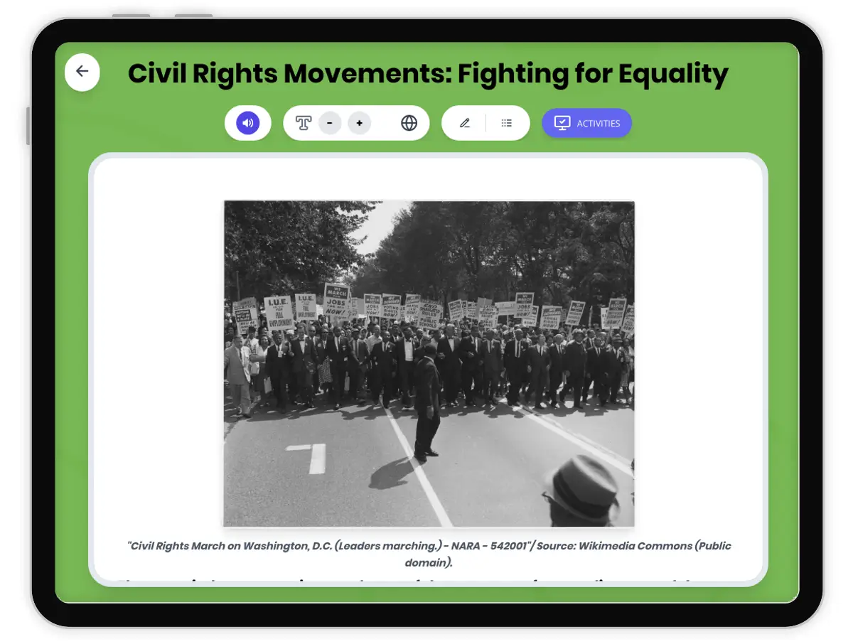 Interactive — Reading Comprehension preview: Civil Rights Movements: Fighting for Equality covering  standards - Page 1 of 1