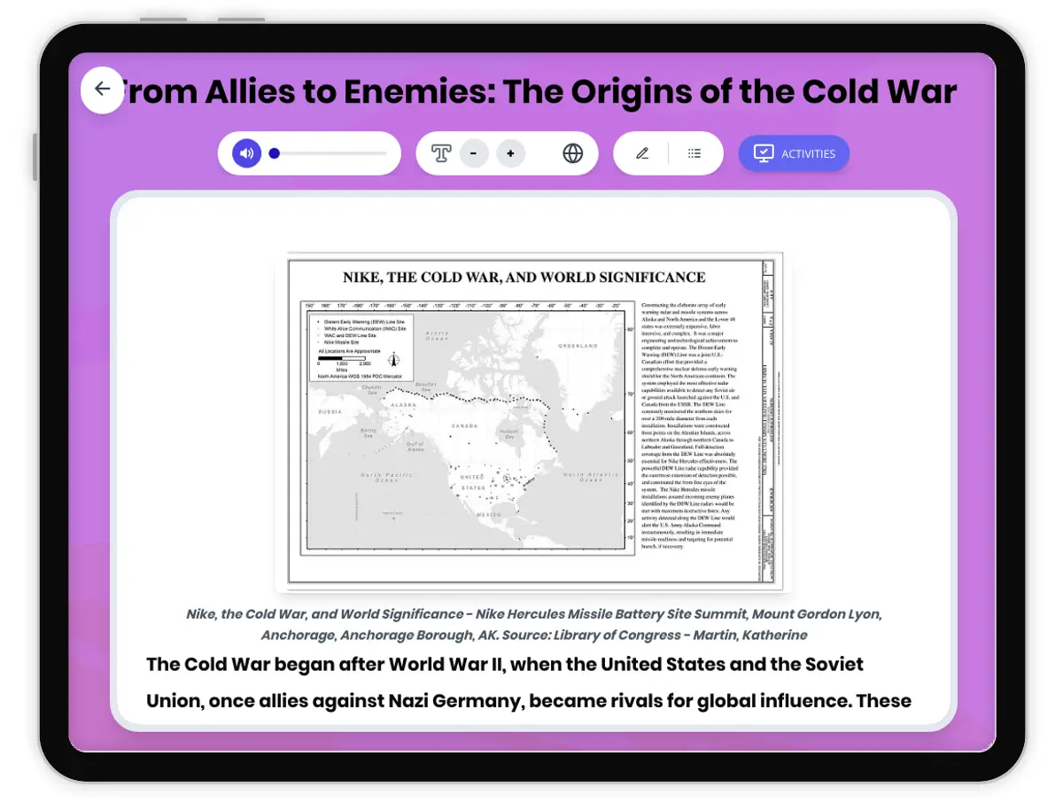 Interactive — Reading Comprehension preview: From Allies to Enemies: The Origins of the Cold War covering  standards - Page 1 of 1