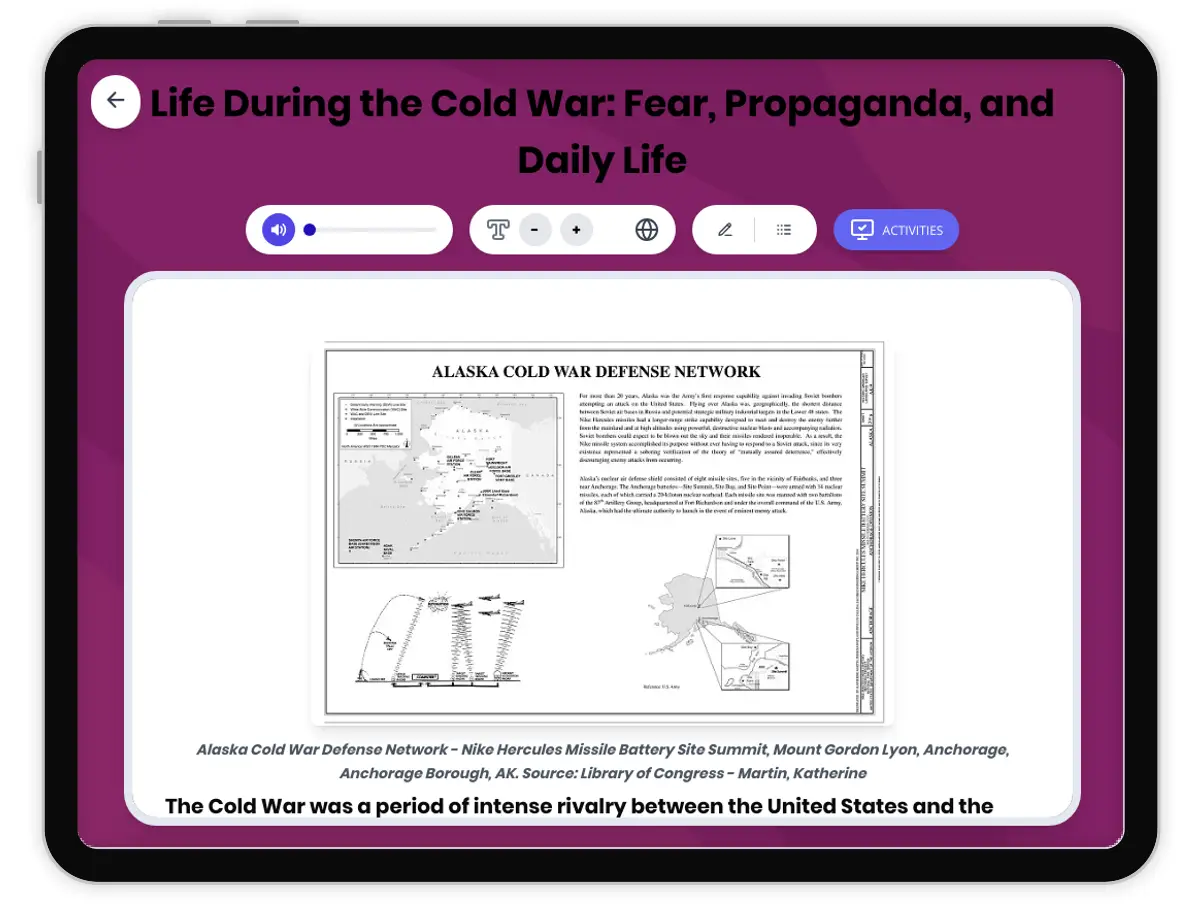 Interactive — Reading Comprehension preview: Life During the Cold War: Fear, Propaganda, and Daily Life covering  standards - Page 1 of 1