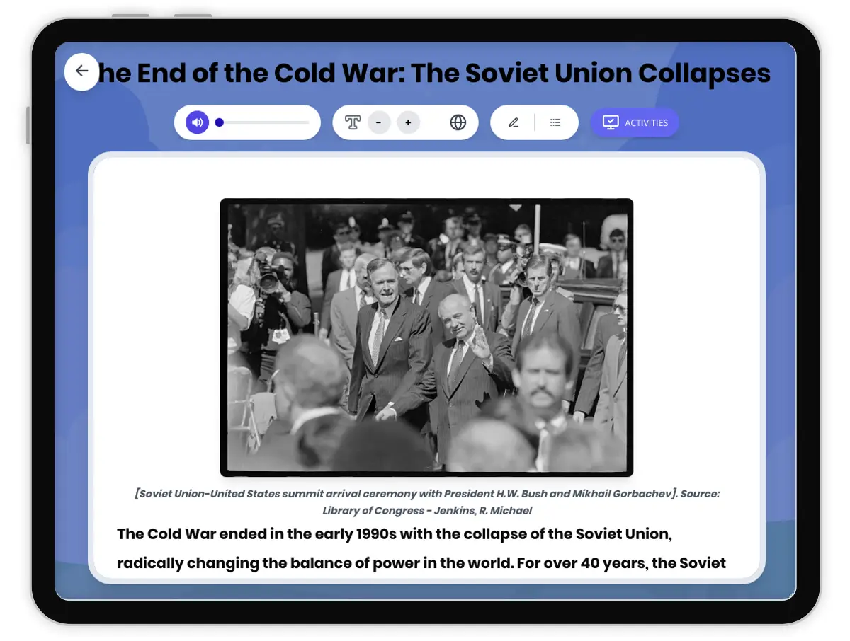 Interactive — Reading Comprehension preview: The End of the Cold War: The Soviet Union Collapses covering  standards - Page 1 of 1