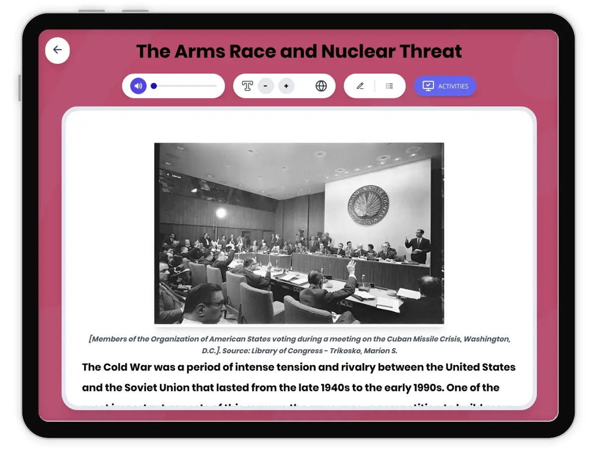 Interactive — Reading Comprehension preview: The Arms Race and Nuclear Threat covering  standards - Page 1 of 1