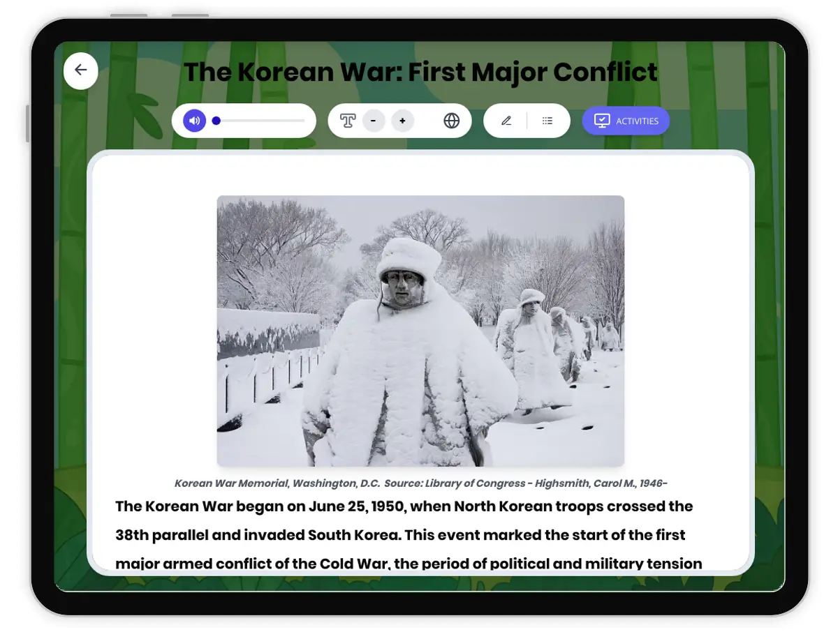 Interactive — Reading Comprehension preview: The Korean War: First Major Conflict covering  standards - Page 1 of 1