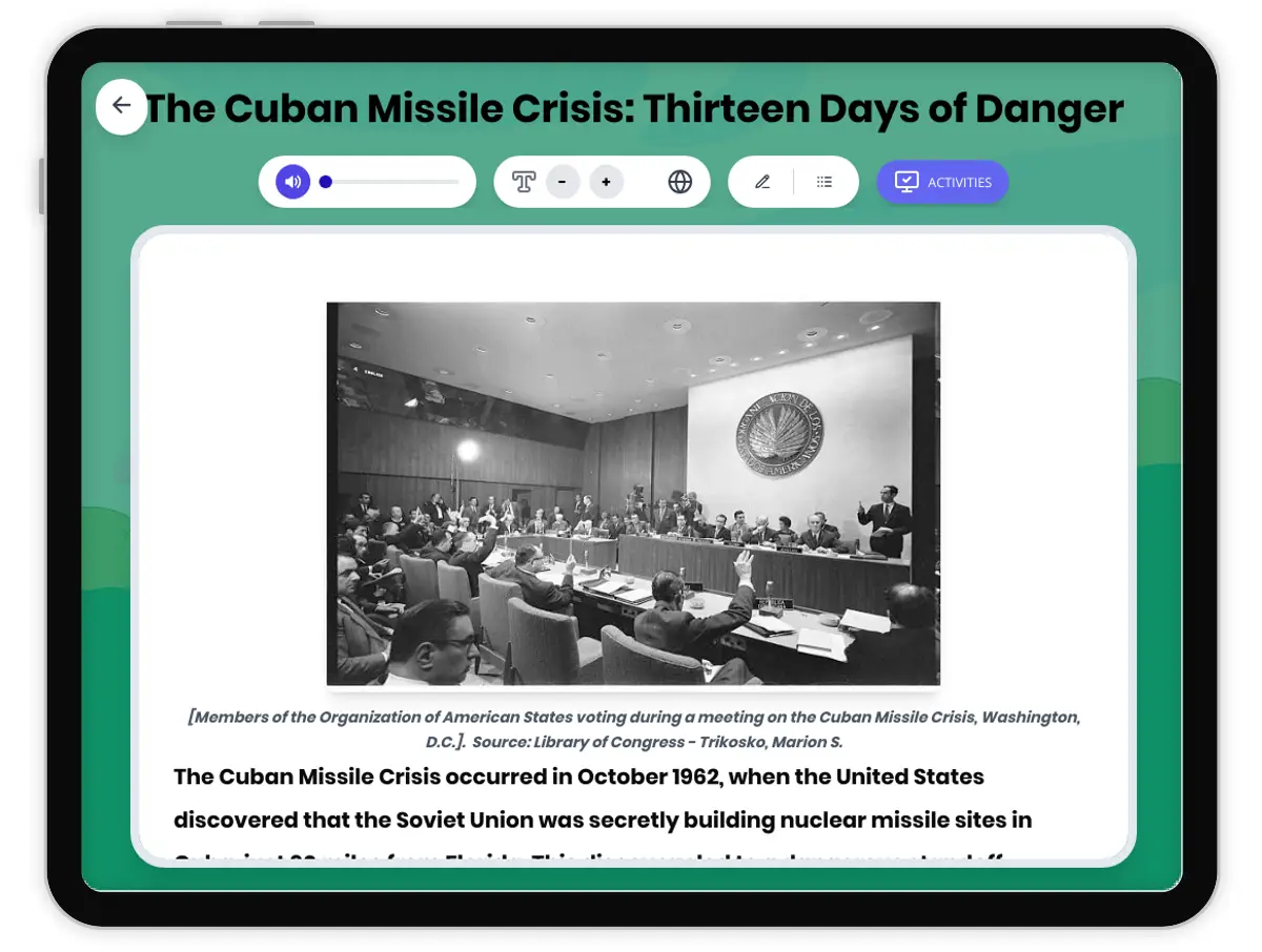 Interactive — Reading Comprehension preview: The Cuban Missile Crisis: Thirteen Days of Danger covering  standards - Page 1 of 1