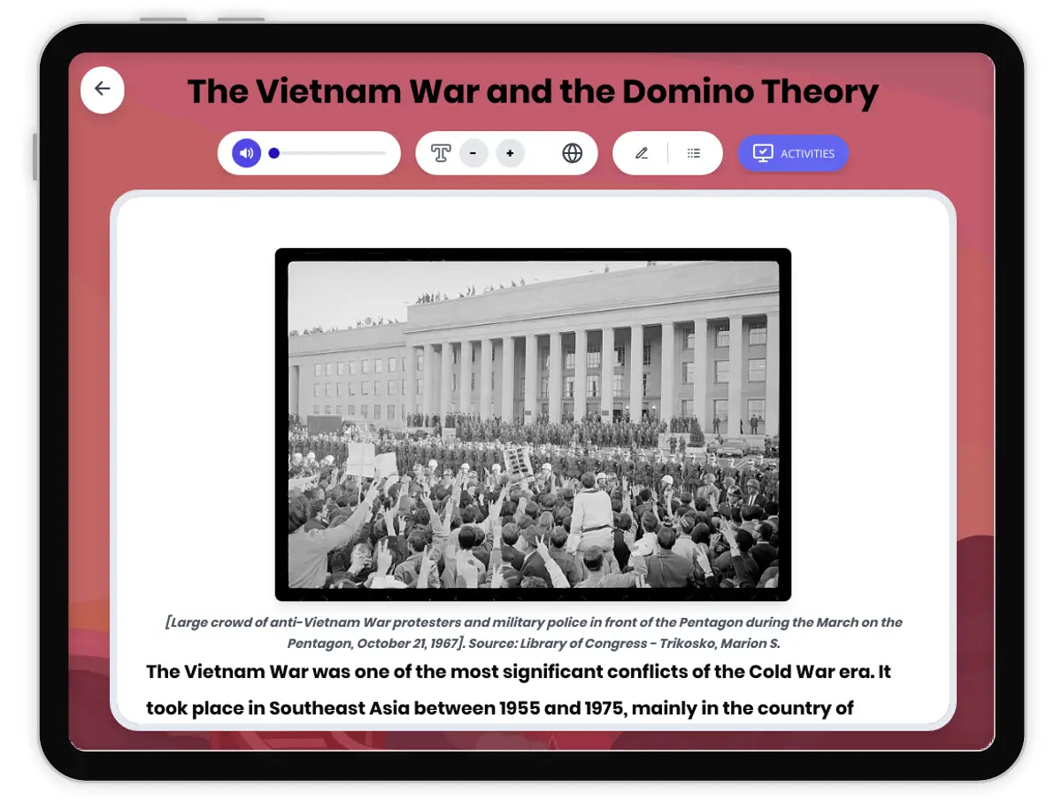 Interactive — Reading Comprehension preview: The Vietnam War and the Domino Theory covering  standards - Page 1 of 1