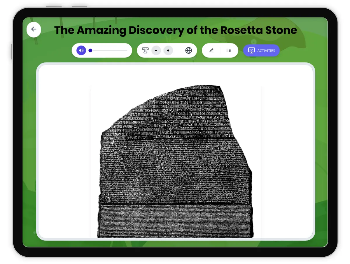 Interactive — Reading Comprehension preview: The Amazing Discovery of Rosetta stone covering  standards - Page 1 of 1