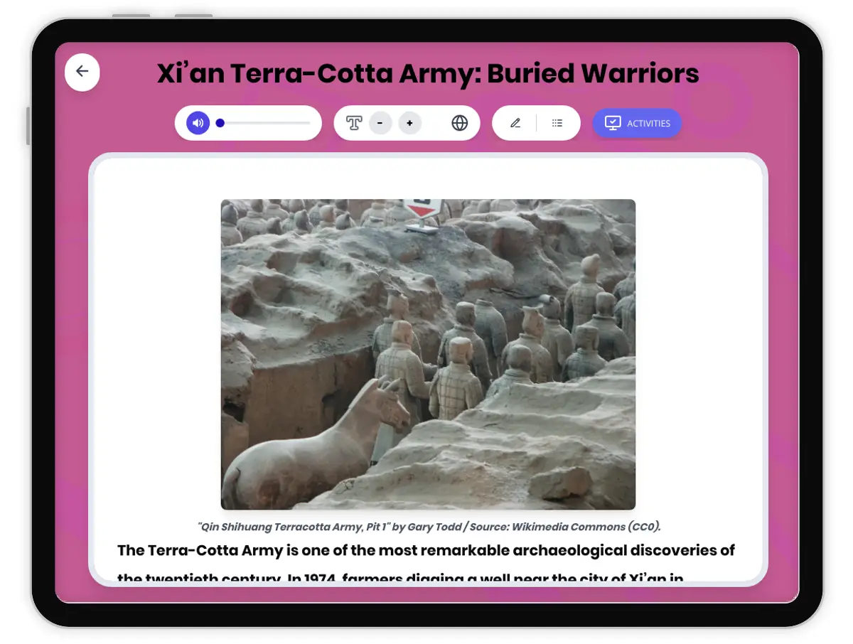 Interactive — Reading Comprehension preview: Xi’an Terra-Cotta Army: Buried Warriors covering  standards - Page 1 of 1