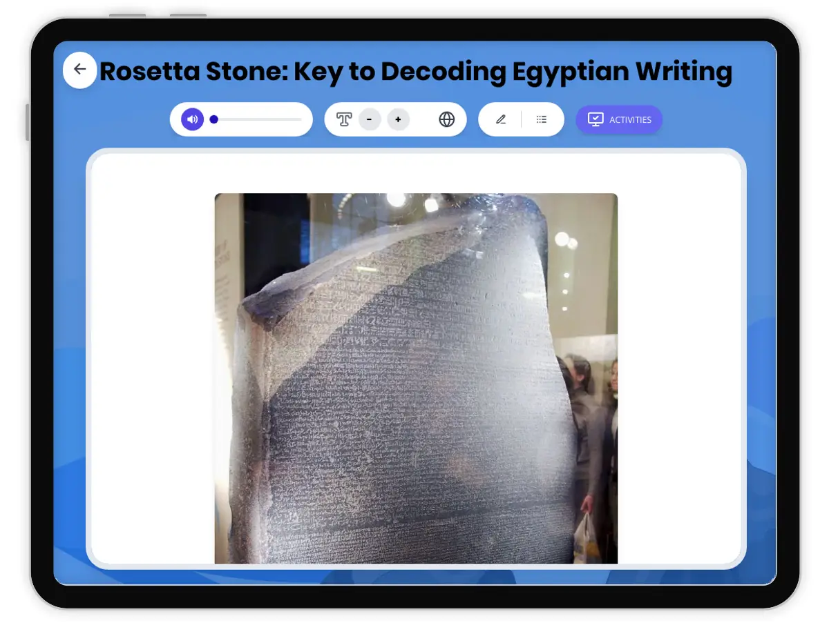 Interactive — Reading Comprehension preview: Rosetta Stone: Key to Decoding Egyptian Writing covering  standards - Page 1 of 1