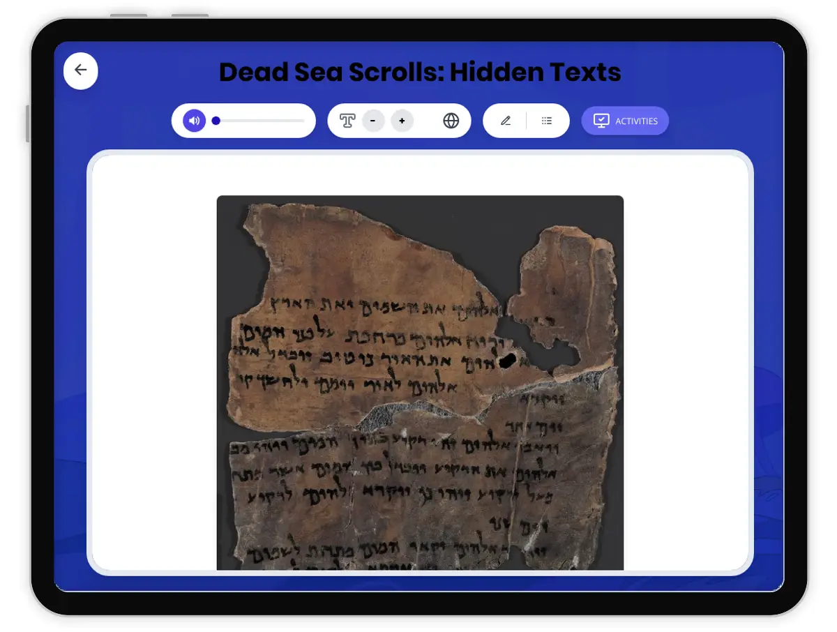 Interactive — Reading Comprehension preview: Dead Sea Scrolls: Hidden Texts covering  standards - Page 1 of 1