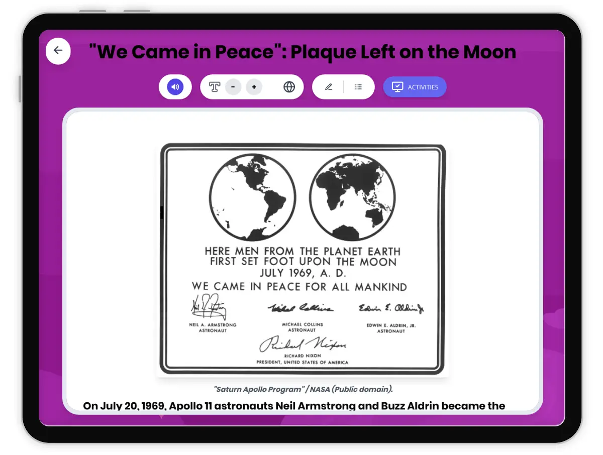 Interactive — Reading Comprehension preview: "We Came in Peace": Plaque Left on the Moon covering  standards - Page 1 of 1