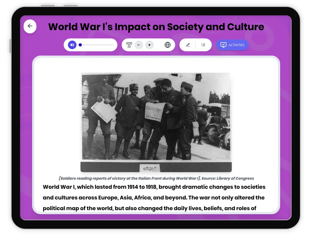 Interactive — Reading Comprehension preview: World War I's Impact on Society and Culture covering  standards - Page 1 of 1