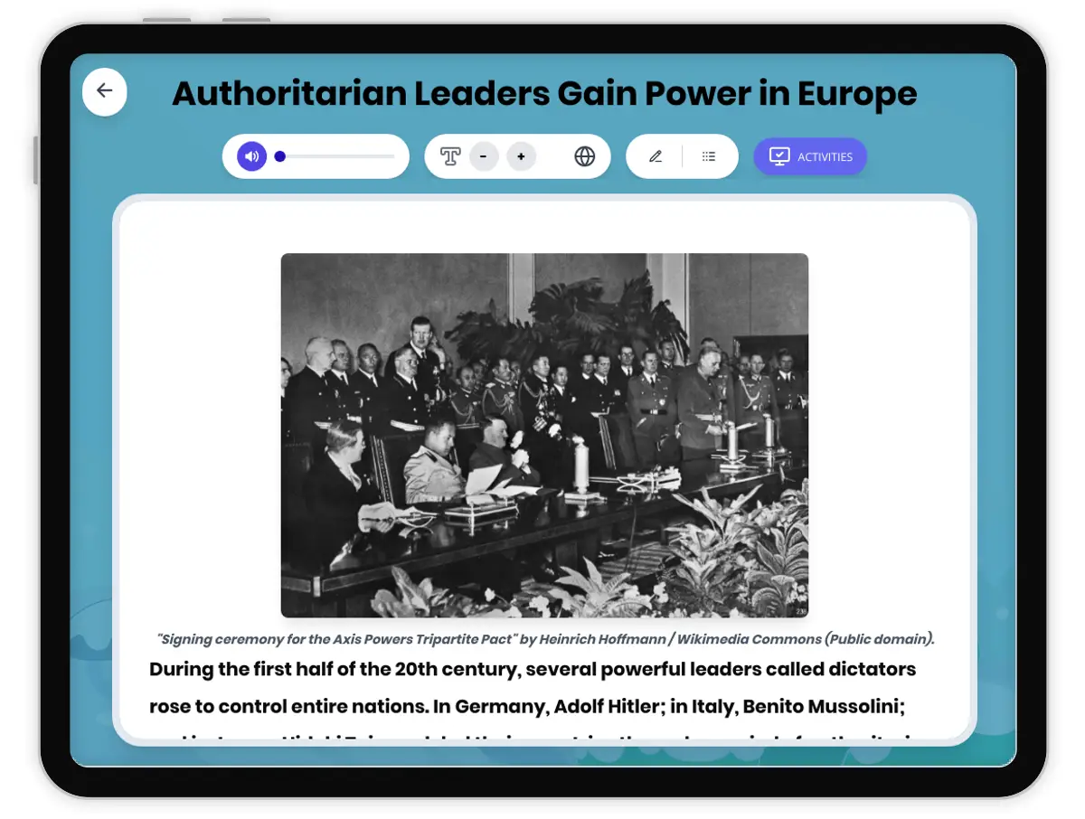 Interactive — Reading Comprehension preview: Authoritarian Leaders Gain Power in Europe covering  standards - Page 1 of 1