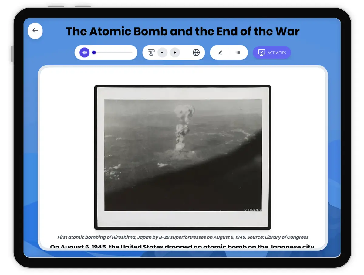 Interactive — Reading Comprehension preview: The Atomic Bomb and the End of the War covering  standards - Page 1 of 1