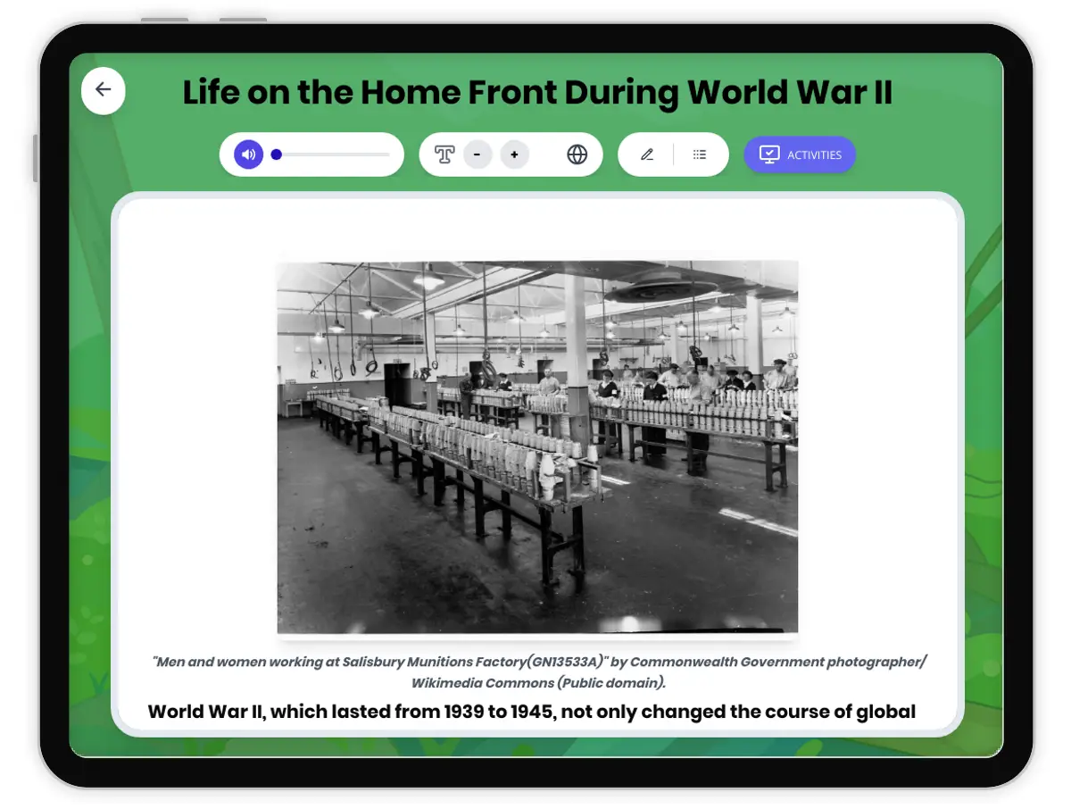 Interactive — Reading Comprehension preview: American Life During World War II covering  standards - Page 1 of 1