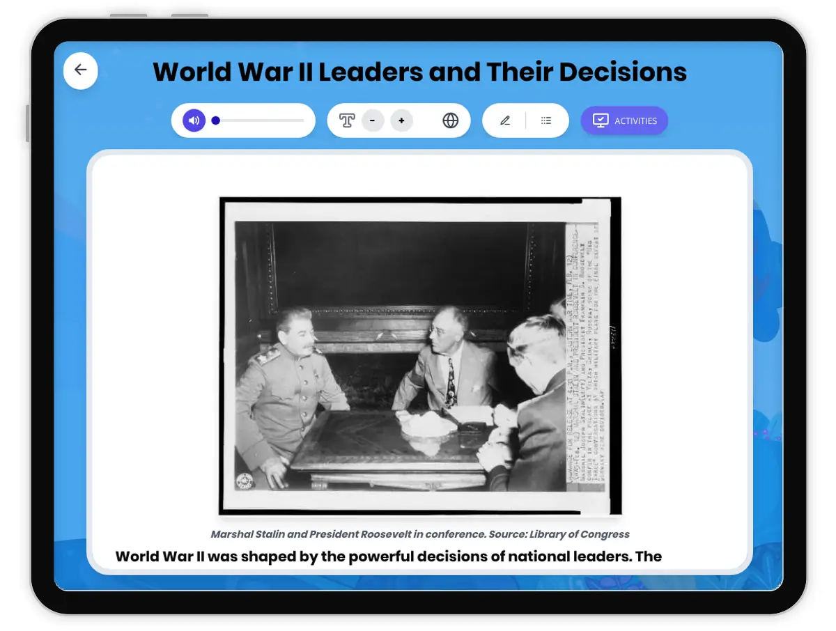 Interactive — Reading Comprehension preview: Leaders and Decisions in World War II covering  standards - Page 1 of 1