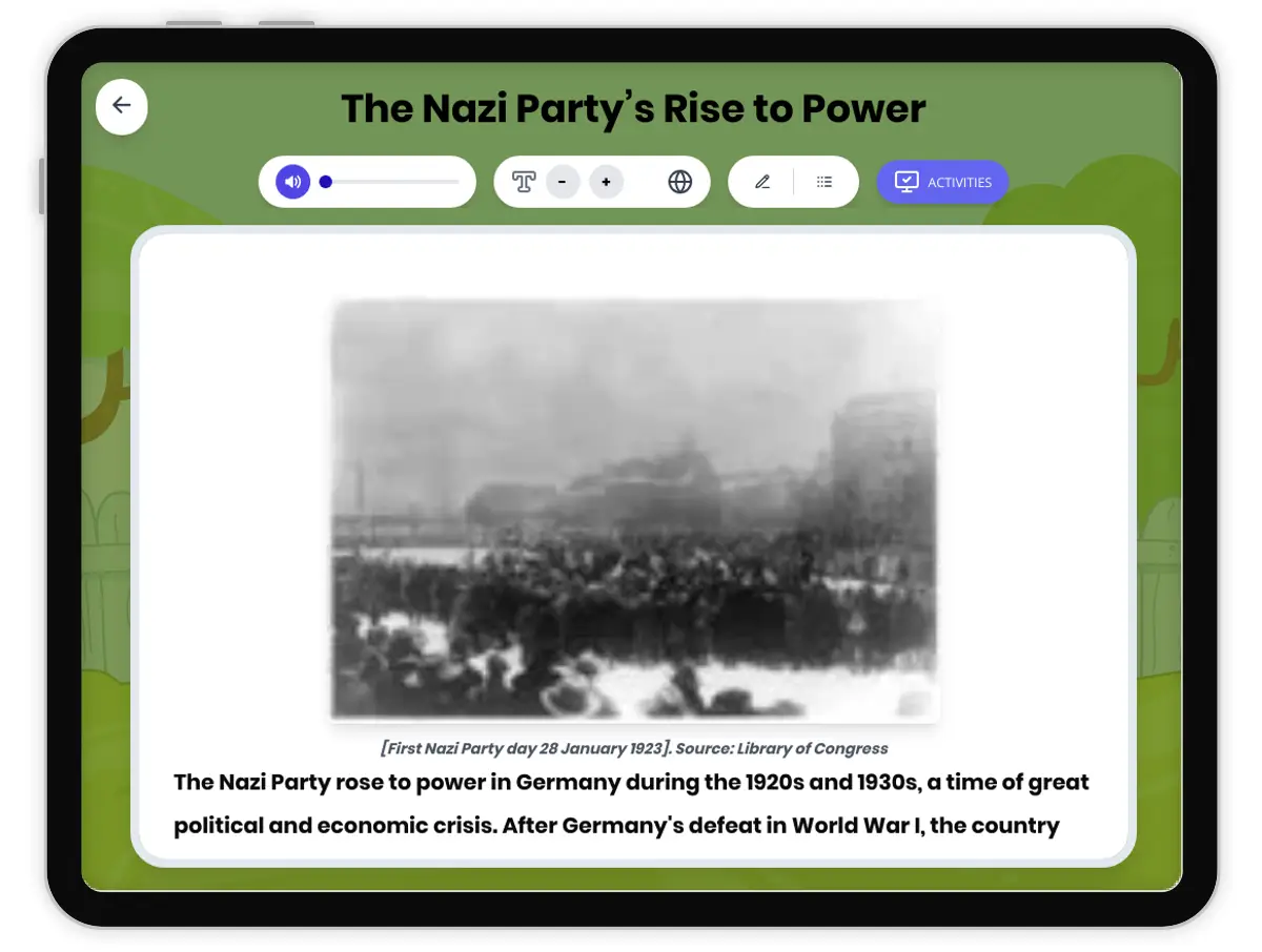 Interactive — Reading Comprehension preview: The Nazi Party Gains Power covering  standards - Page 1 of 1